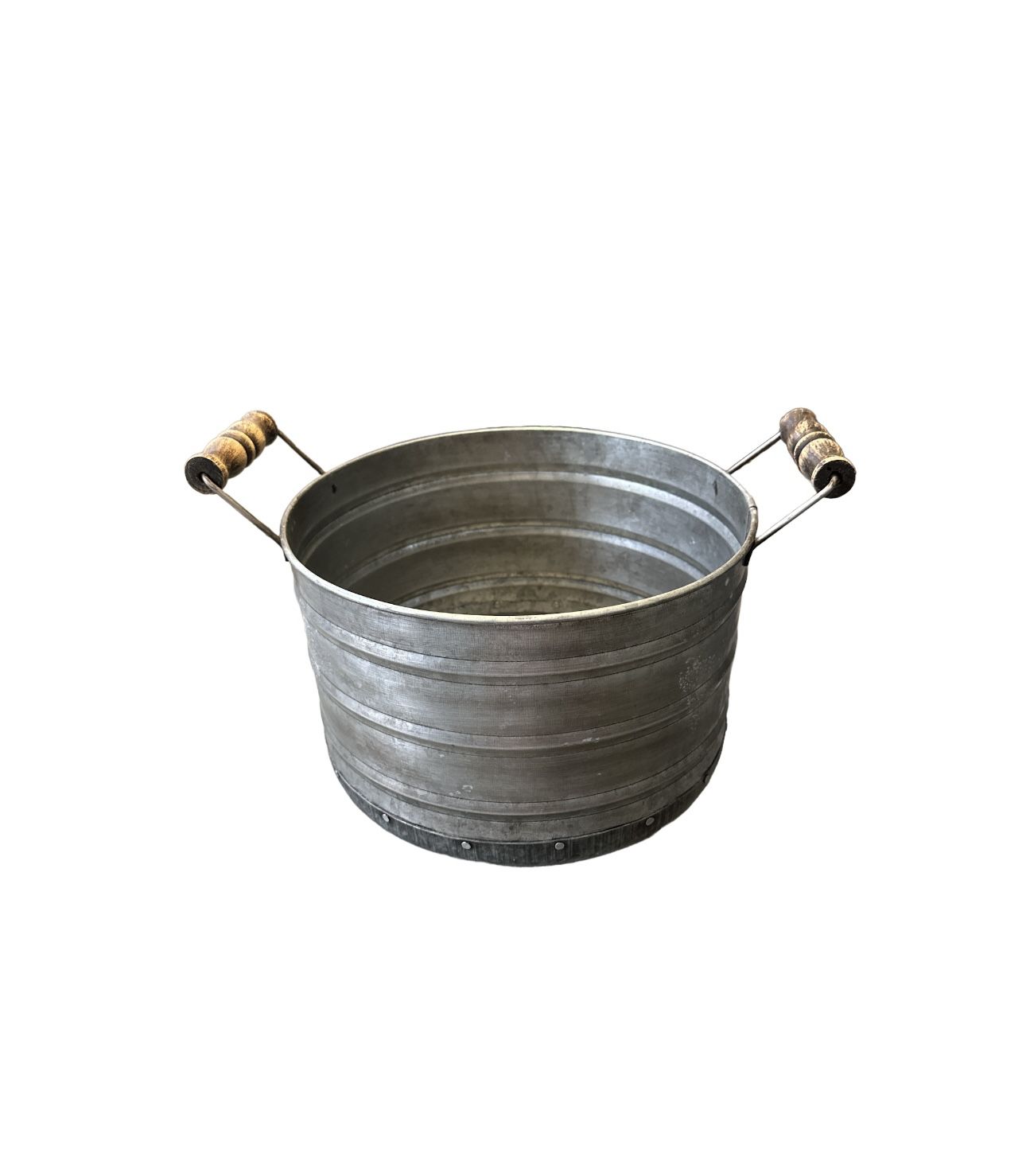 Vintage Round Galvanized Metal Bucket With Wooden Handles Diam 11 1/4