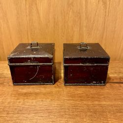 Set Of 2 Antique Kreamer Metal Tin Spice Herbs Lock Box