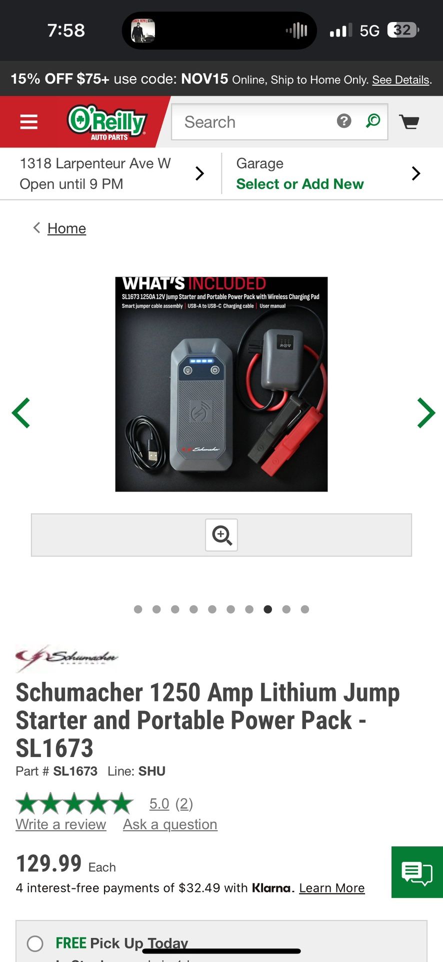 Schumacher 1250 Amp Lithium Batter Jump pack