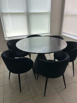 West Elm marble table and 6 velvet chairs