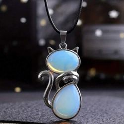 Opal Cat White Gold Plated Stone Jade Blue Moon Stone Fire Stone 