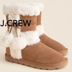 (NEW) (3 SIZES) WOMEN’S J.CREW BISCOTTI BROWN FAUX-FUR IN SUEDE WITH POM-POMS - SIZES: 6, 8 AND 9 (MSRP: $198 EACH)