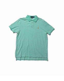 Polo Ralph Lauren Custom Slim Fit Striped Pique Polo Shirt in Green/White, size XL.