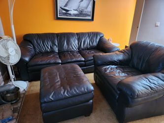 Brown Leather Sofa, Chair, And Ottoman 