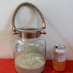 Nautical Pillar Candle Holder w/ Sand Glass & Copper w/ Rope Handle 7” x 8 1/2”H