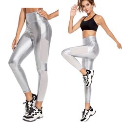 Secndnture mesh side panel stretch leggings women Size XS silver/white
