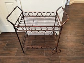Beautiful iron metal basket cart  fall autumn bronze color decoration bronze color organizer in excellent condition is 32”h x 32” L x 20” wide