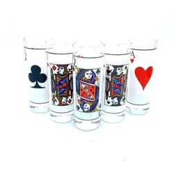 Vintage Set of Five Playing Card Shot Glasses, Ace (2), Jack (2), Queen,