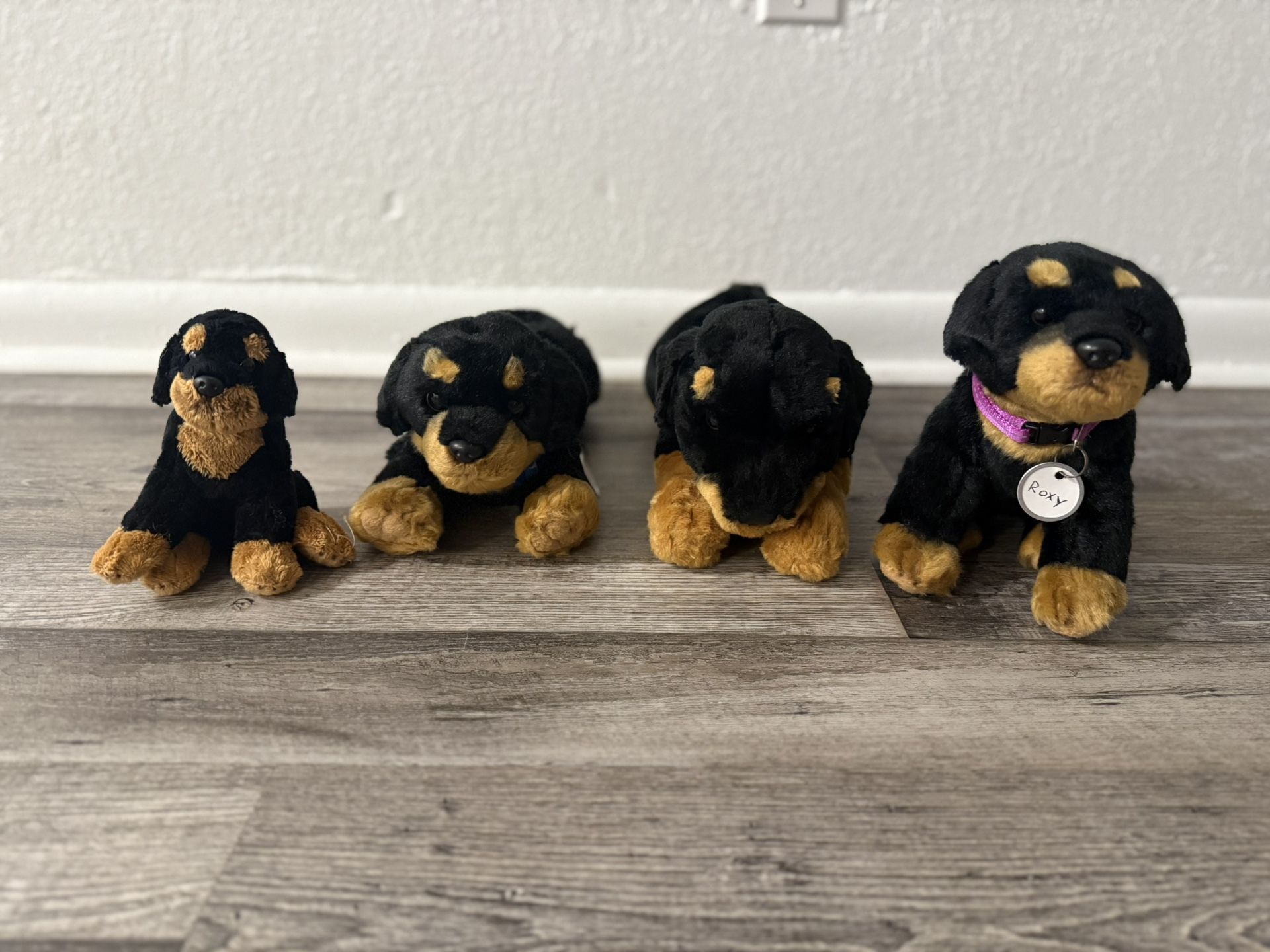 Collection of Lifelike Rottweiler plush toys dogs.