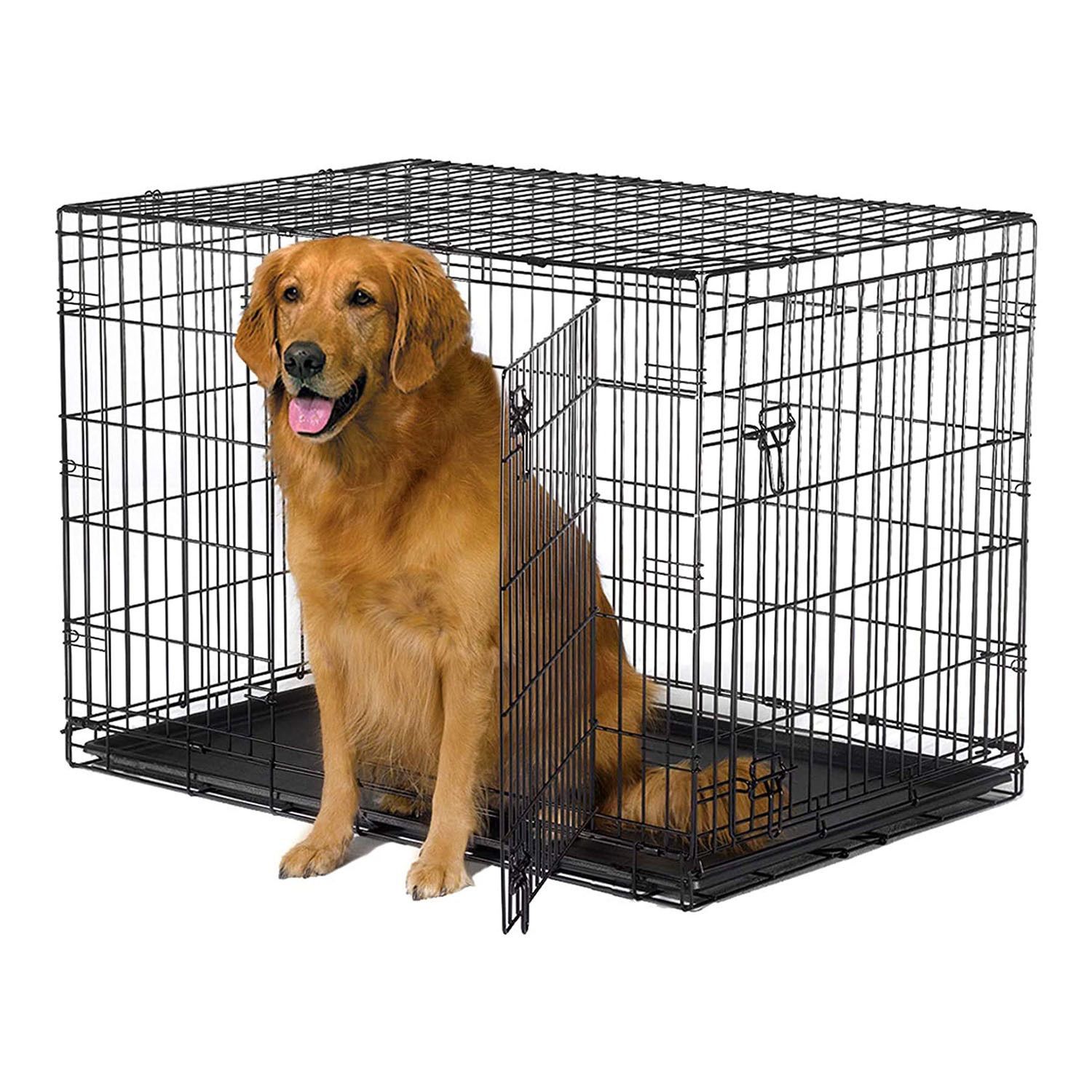 Godohome 42 Inches Dog Crate X-Large Collapsible Dog Crate Wire Pet Dog Crate with Double Doors Leak Proof Plastic Tray Divider Outdoor Indoor Portabl