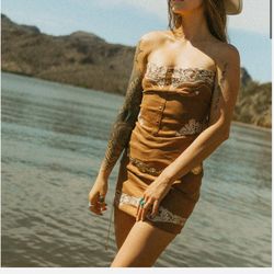 Shiloh Brown Faux Suede Western Embroidered Bodycon Strapless Mini Dress