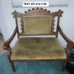 Antique Loveseat W. Gold Velvet Fabric Upholstery