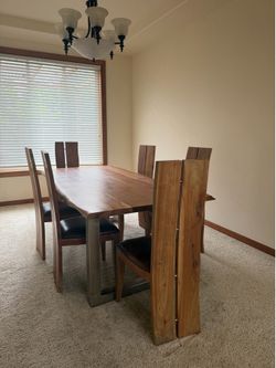 Acacia Wood and Distressed Red Leather 7 Piece Dining Set