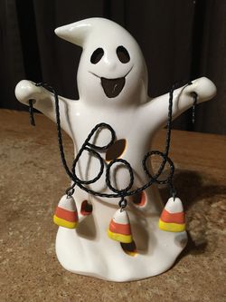 HALLOWEEN CERAMIC GHOST CANDLE HOLDER WIRE BOO WITH HANGING CANDY CORN 6.75"