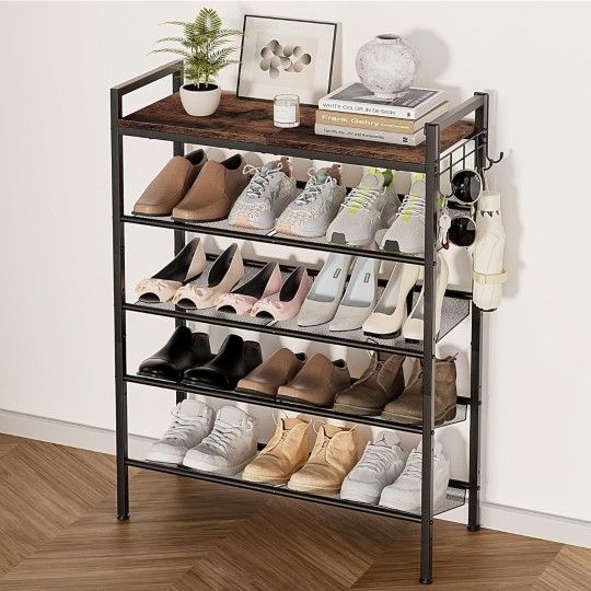 5 Tier Shoe Rack, Shoe Rack for Front Door Entrance with Hook, Shoe Organizer with Adjustable Mesh Shelves (Already Assembled)