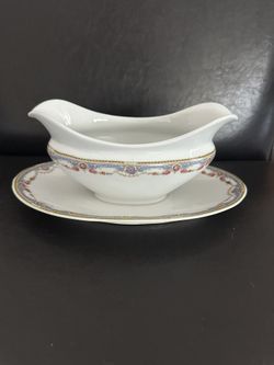 Czechoslovak by CROWN CHINA Porcelain Gravy Boat with Attached Underplate #7143 Pattern 1960's