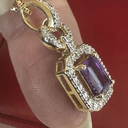925 Gold Over Sterling Silver, Designer Ross Simon Necklace , Genuine Emerald Cut Amethyst, 18in Gold Over Sterling Silver Chain, Both Marked 
