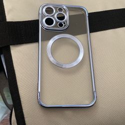 a clear magnetic phone case with a chrome bumper, compatible with MagSafe wireless charging, designed for iPhone models with a large camera module lik