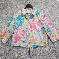 Chicos Shirt Women 3 XL Colorful Button Up 3/4 Sleeve Tie Flowers Beach Artsy 