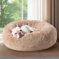 Calming Dog Bed Medium Size Dog - Donut Washable Medium Pet Bed, 30 inches Anti-Slip Round Fluffy Plush Faux Fur Cat Bed, Fits up to 45 lbs Pets, Came