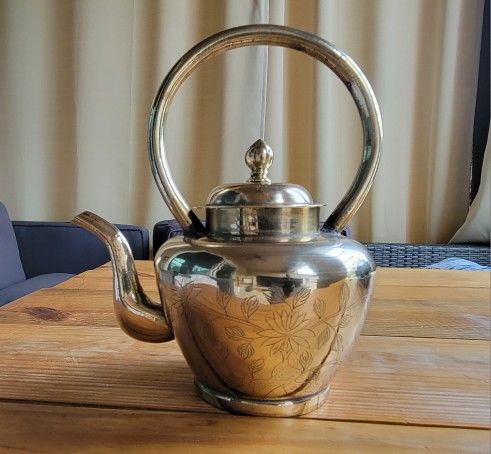 Vtg Brass Tea Kettle Flower Design China Written On Bottom