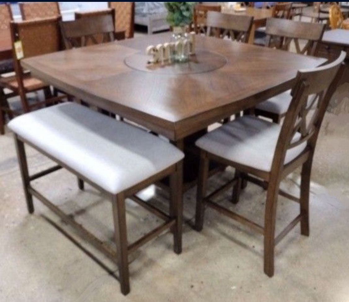 New Solid Counter Pub Height 6 Piece Kitchen or Dining Set with Lazy Susan