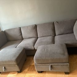 S Gray Corduroy Sectional Couch w/ Storage Ottomans – $700 Price Negotiable 