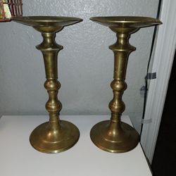 Pair Of Vintage Or Antique Brass Piller Candle Sticks 