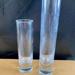 Pair (2) Clear Glass Tall Cylinder Flower Bud Vase Bubble Base 7.25" & 10"
