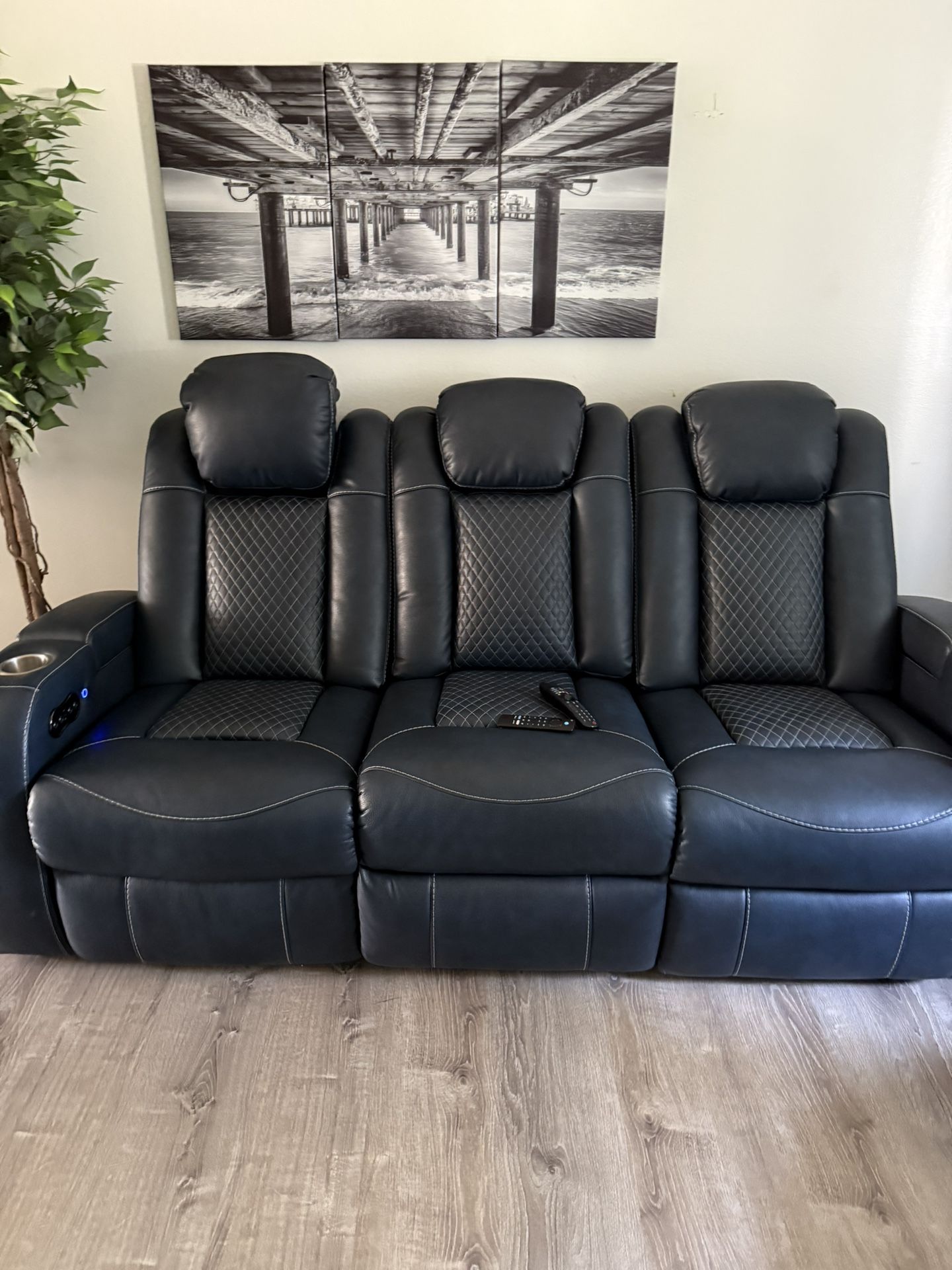 Theater Seating Dual Power Reclining Sofa Dark blue 