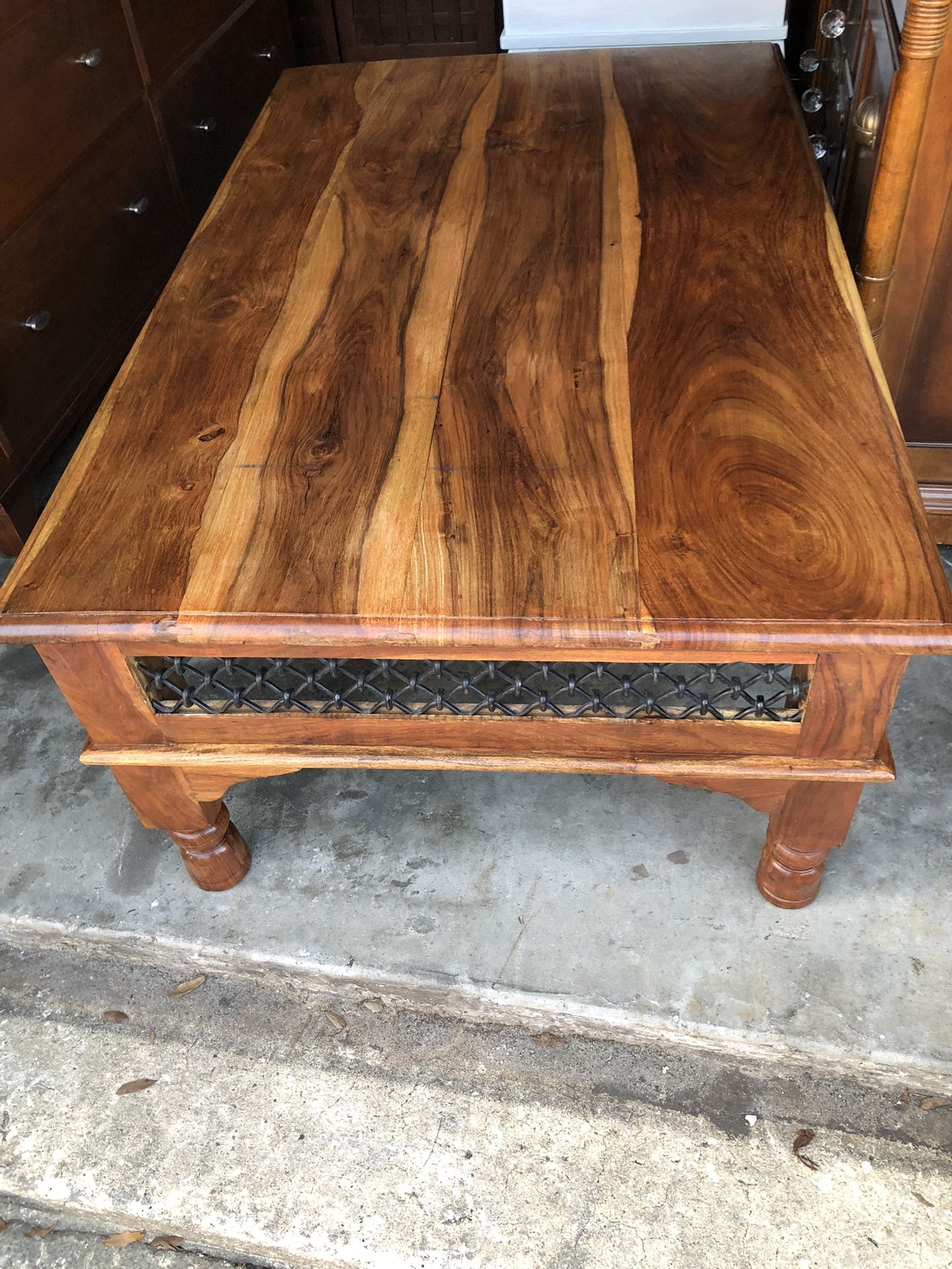 Beautiful Exotic Indian Rosewood coffee table with drawers Wrought Iron Panels - see description