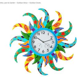 Sun Shaped Clock And Thermometer 25 Inches