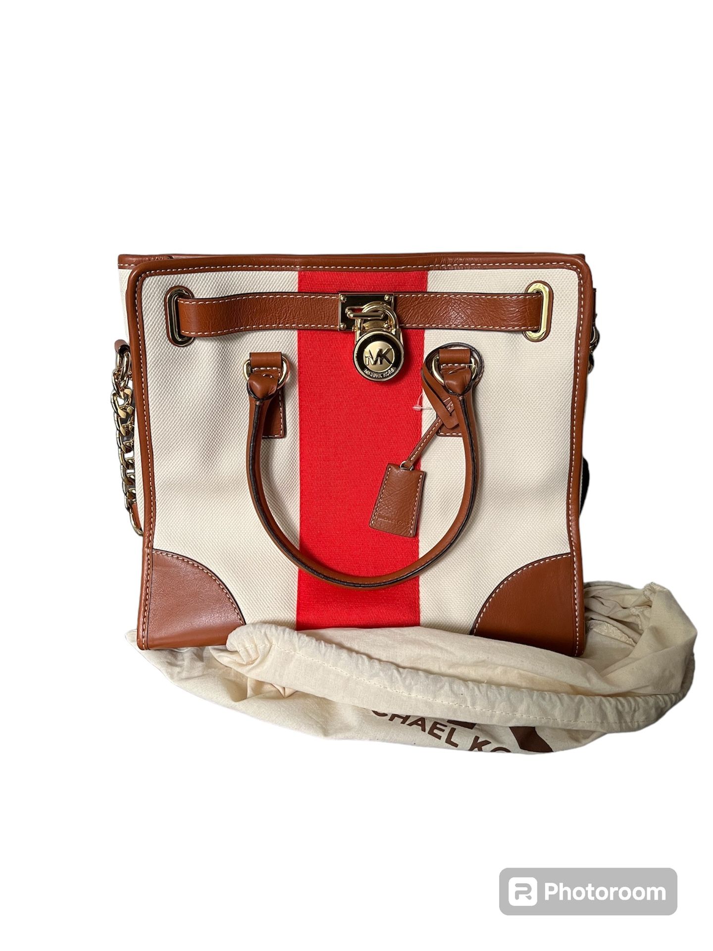 New Michael Kors Hamilton Large Mono Stripe Satchel Bag MANDARIN brown tote NWT