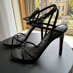 Calvin Klein Black Patent Leather Strappy Heels - Size 6.5