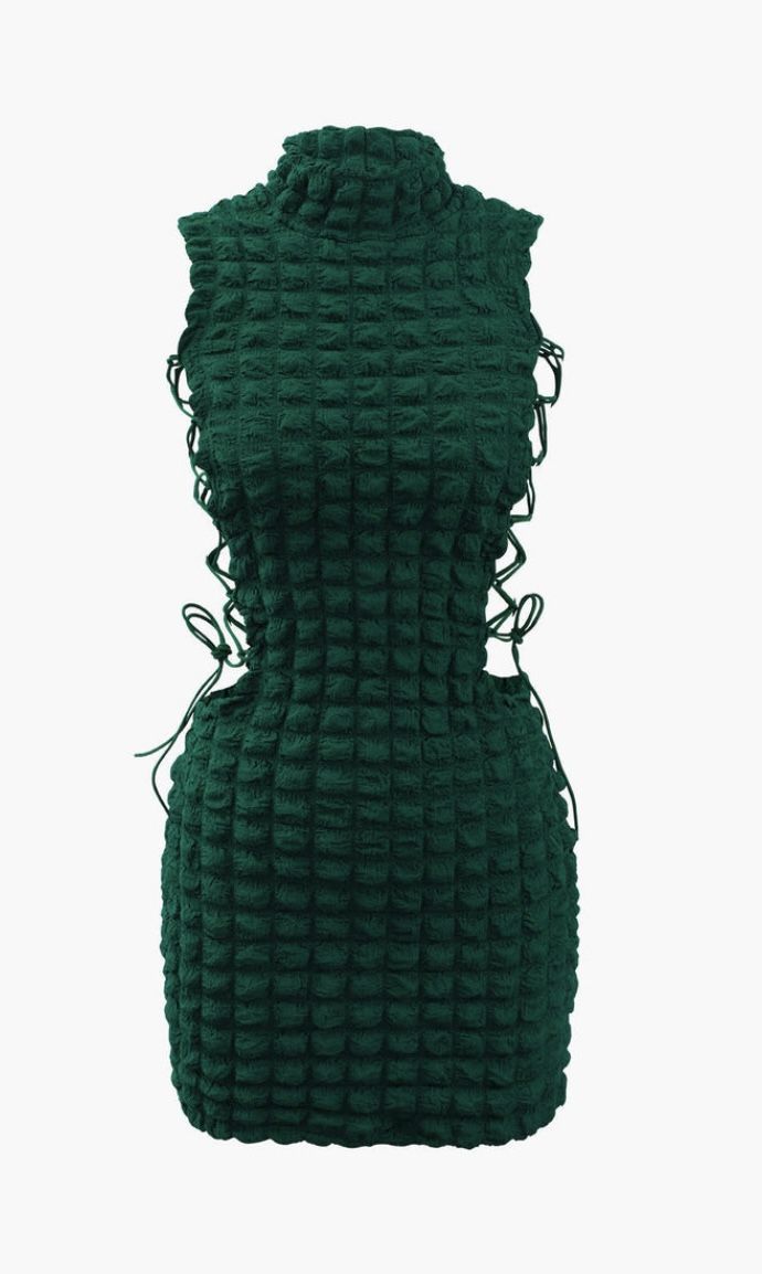 New Emerald Green Popcorn Textured Tie Side Mini Dress