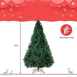 5FT Green Christmas Tree Premium Hinged Artificial Pine Tree with Solid Metal Stand and Decorations,450Tips 1604 G10948