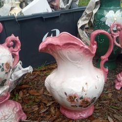 Vintage Water Pitcher And Two Matching Vase's 