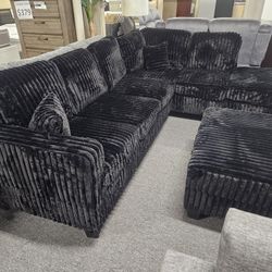 Brand New 108" x 82" Black Jumbo Corduroy Super Soft Resversible Sectional With Cup Holder + Storage Ottoman