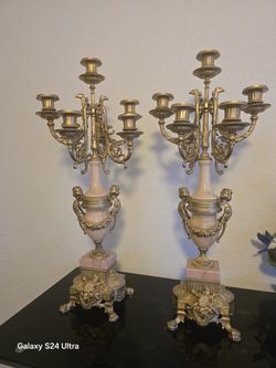 Antique Two Candelabras Bronze And Marble 