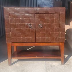 Basket Weave Leather Cabinet With Shelf
