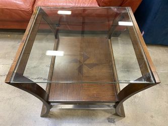 Dark Wood 2 Tier End Table with Curved Sides and Glass Top