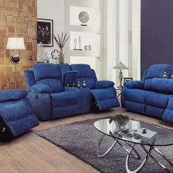 Blue Microfiber Fully Reclining Three Piece Couch Set 
