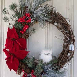 Red Pointesstia Christmas Grapevine Wreath With Snow Owl 