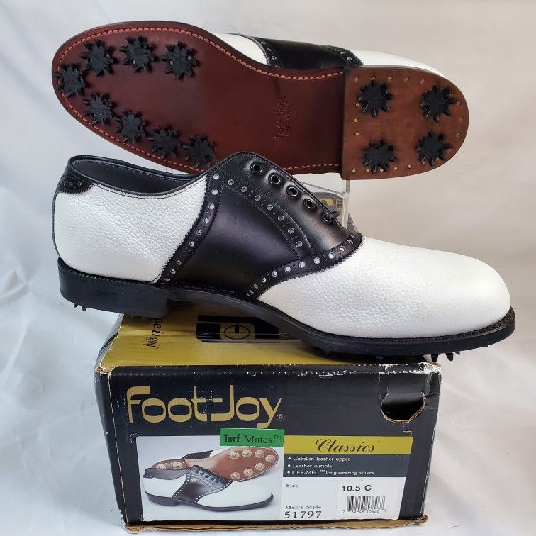 New Vintage Footjoy Classics Dry Golf Shoes Men's 10.5 C Waterproof Black White Calfskin Leather. U. S . A. Made 51797