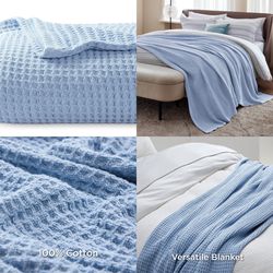 100% Cotton Blankets King Size for Bed - Waffle Weave Blankets for Summer, Lightweight and Breathable Soft Woven Blankets for Spring, Blue, 104x90 inc