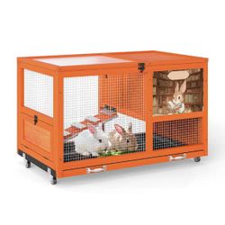 Stable Wood 36Inches Rabbit Hutch Indoor with Wheels Bunny Cage Outdoor Fashion Rabbit Cage with Clean Tray Orange