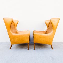 Vintage Wingback Leather Club Chairs after Kaare Klint