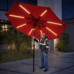 New In Box 9 Feet Diameter Outdoor Patio Market Umbrella With Built In LED Strip Lights Tilt And Crank Red Or Gray Umbrella Stand Is Not Included 