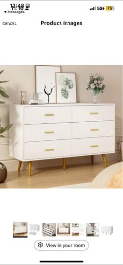 White 6-Drawer Dresser with Gold Legs