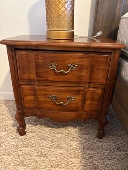 French Provincial Wood Nightstand with Two Drawers